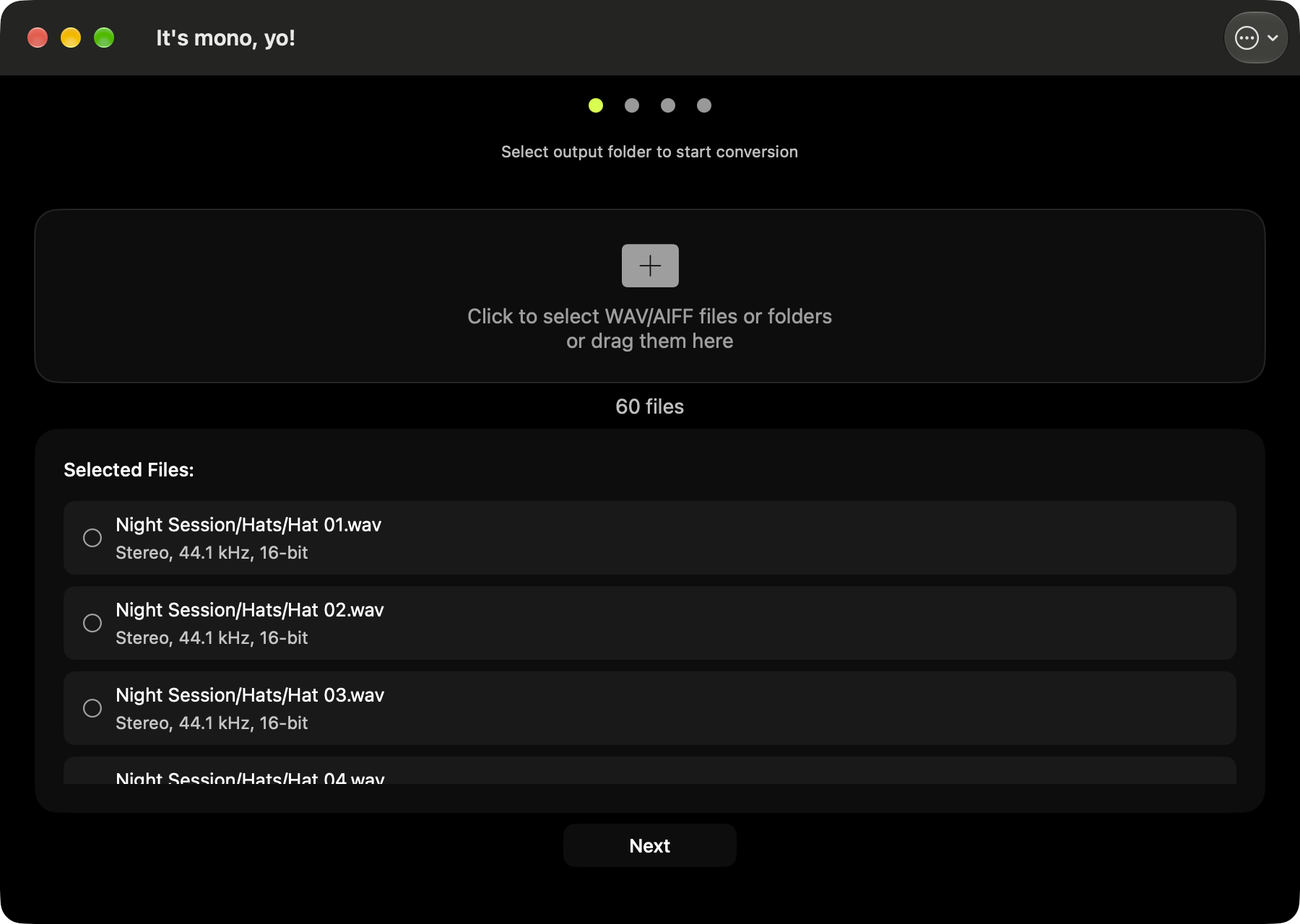 The file list after a folder is dropped in: 60 stereo samples, each with its folder path and format.